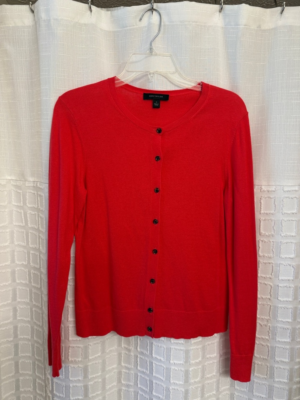 Ann Taylor Bright Poppy Crewneck Cardigan with Tortoise Buttons
